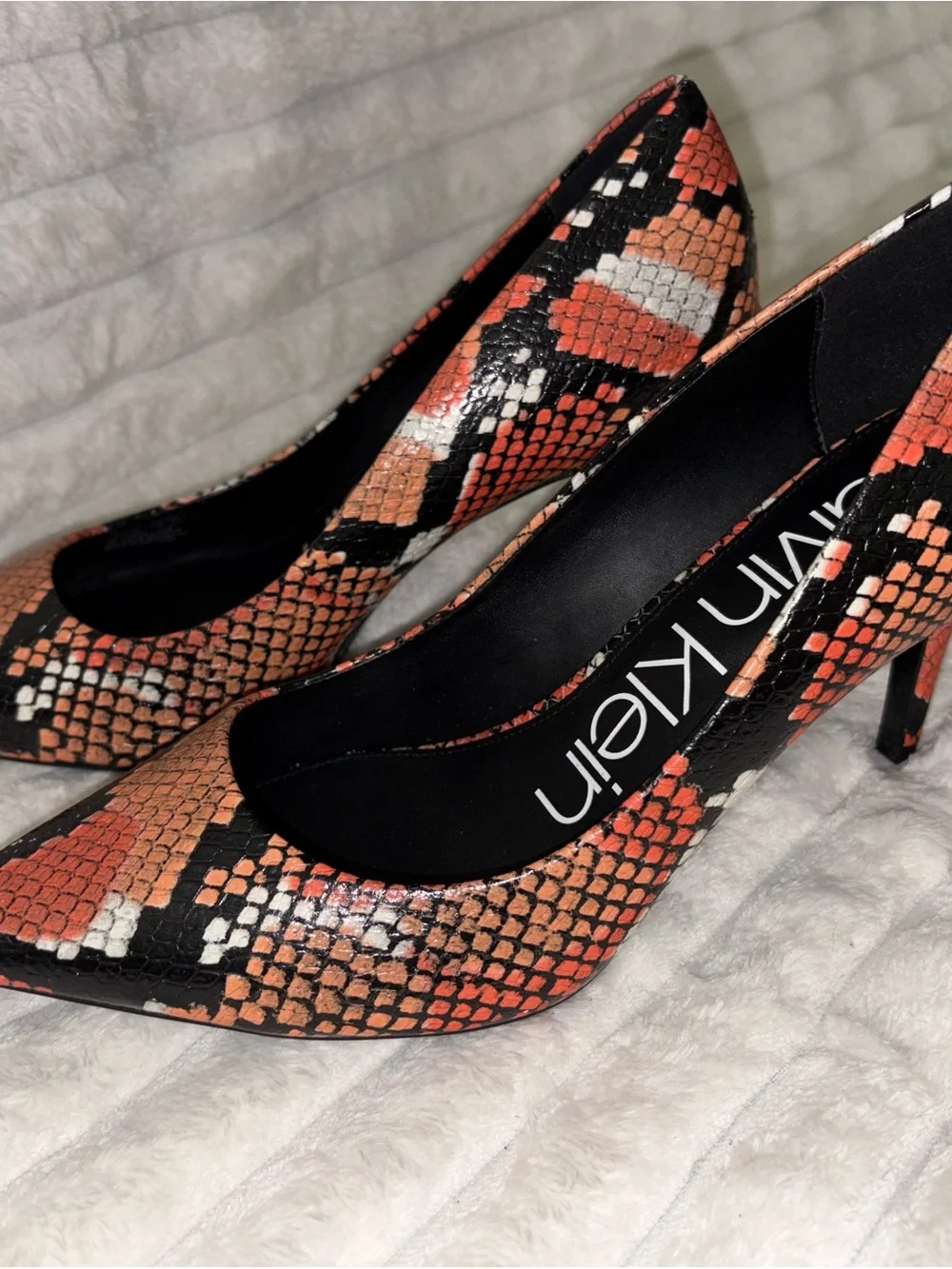 Calvin Klein Orange and Black Snake-Print Pointed Toe Pumps 8M